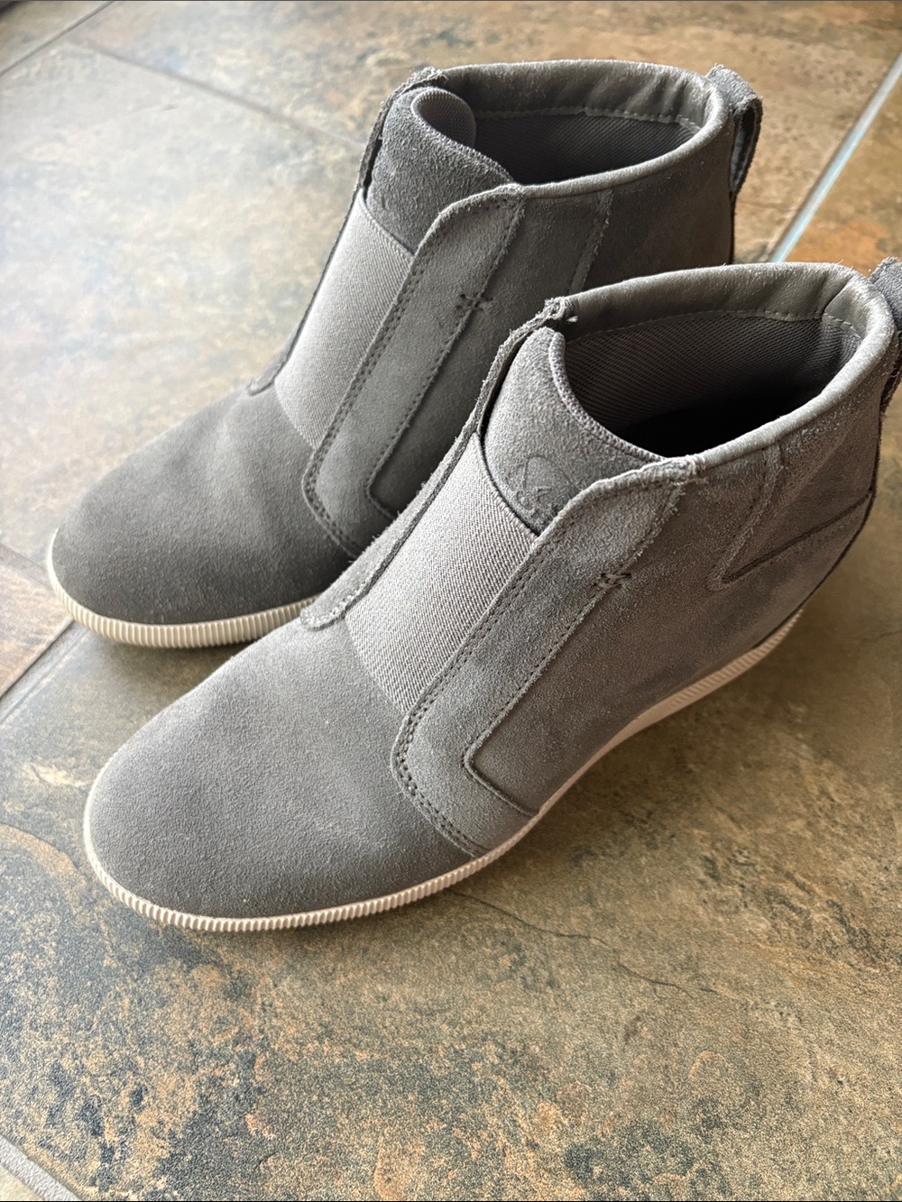 Sorel Gray Suede Slip-On Wedge Ankle Booties